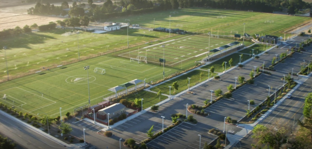 Aerial view of soccer fields and adjacent parking at Morgan Hill Outdoor Sports Complex